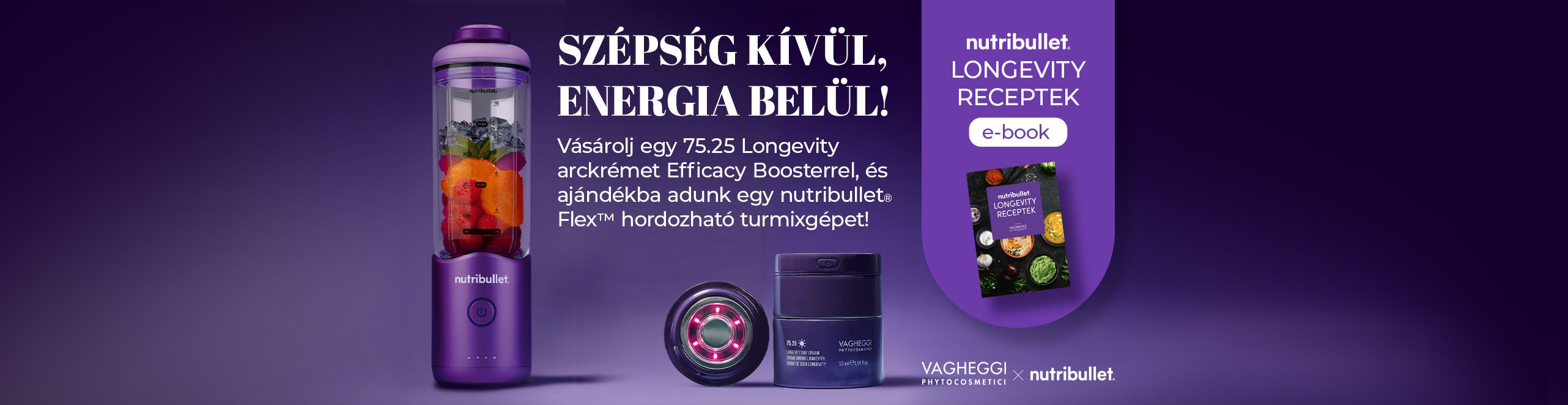 Sötét lila háttéren Pokorny Lia látható az új efficacy booster, intenzív arcápoló kit és aranyszínű csomagolásban található arcápoló Vagheggi 75.25 olajjal.